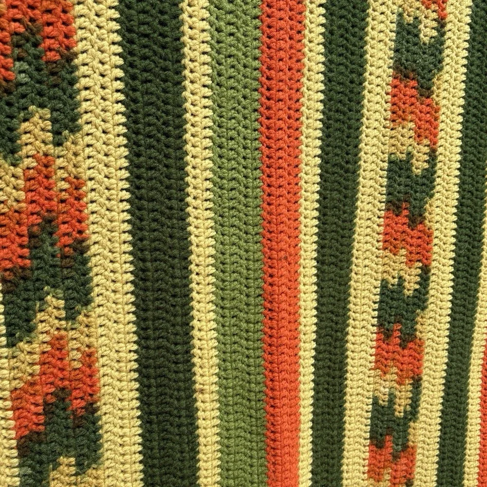 VTG Handmade Crochet Boho Southwestern Afghan Throw 66X88 Cottage Stripe 70s